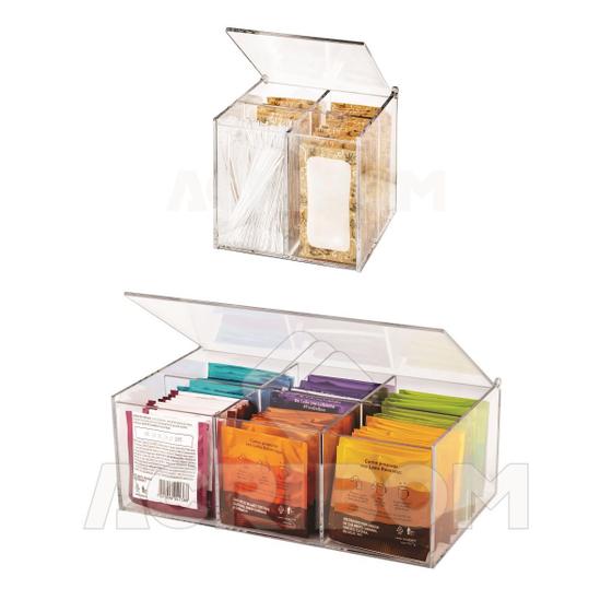 Imagem de Kit Caixa Porta Sachês de Chá C/ 6 Compartimentos + Caixa Porta Sachês de Açucar Com 4 Compartimentos e Tampa Articulada em Acrílico Cristal - Acribom