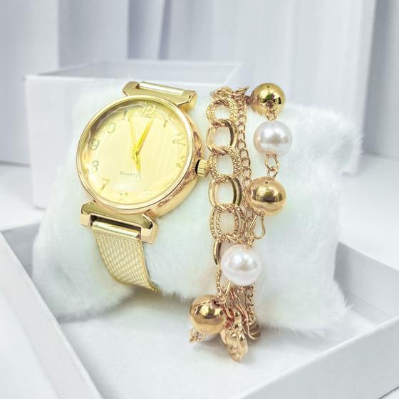 Imagem de Kit caixa relógio dourado fino redondo grosso e pulseira feminina