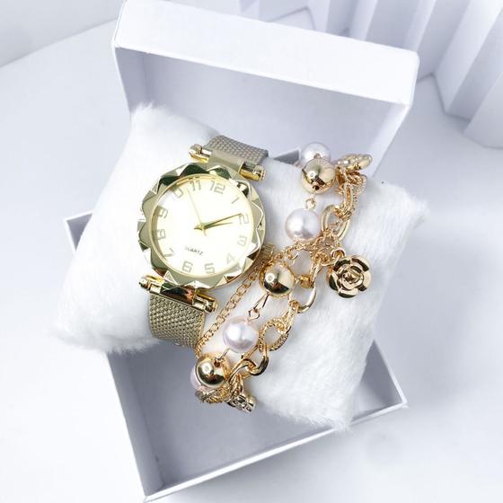 Imagem de Kit caixa relógio dourado fino relevo triangular e pulseira feminina perolada versátil