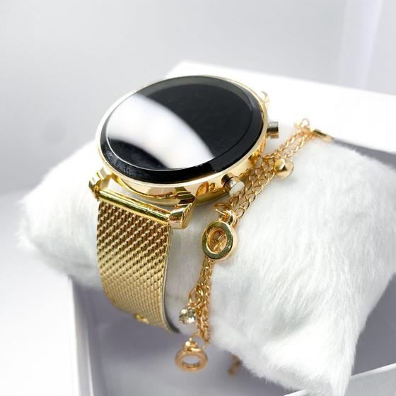 Imagem de Kit caixa relógio dourado metal led digital redondo e pulseira feminina casual