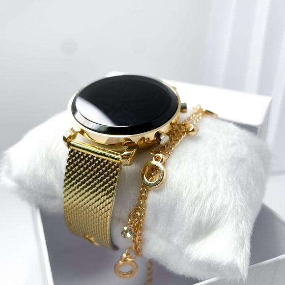 Kit caixa relógio dourado metal led digital redondo e pulseira feminina clássica Menor preço em Kit caixa relógio dourado metal led digital redondo e pulseira feminina clássica