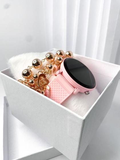 Kit caixa relógio rosa silicone led digital redondo e pulseira feminina estiloso Menor preço em Kit caixa relógio rosa silicone led digital redondo e pulseira feminina estiloso