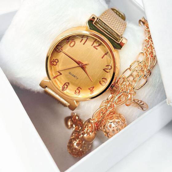 Imagem de Kit caixa relógio rosê Gold fino redondo grosso e pulseira feminina clássica