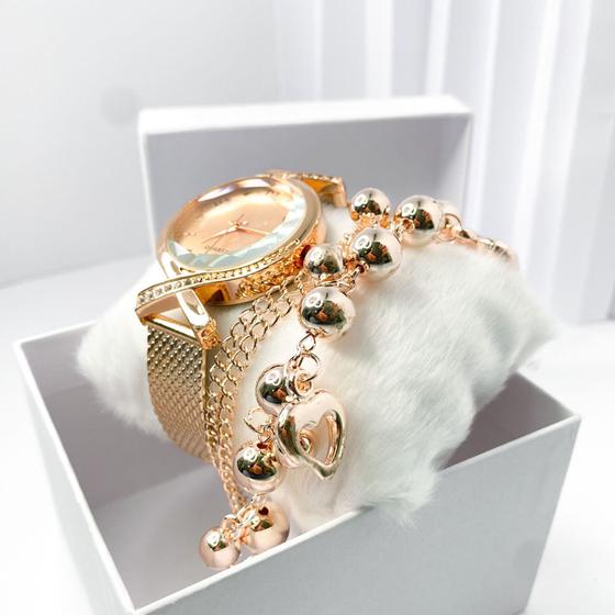 Imagem de Kit caixa relógio rose Gold fino redondo x strass e pulseira feminina elegante