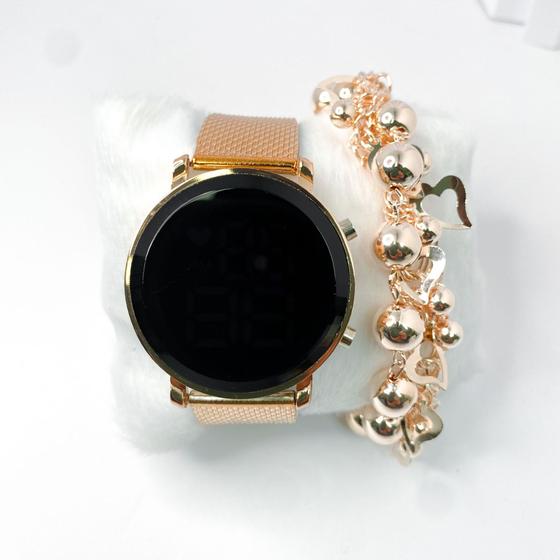 Imagem de Kit caixa relógio rose gold metal led digital redondo e pulseira feminina tendência