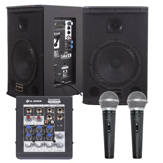 Imagem de Kit Caixa Som Saga 8 225w Mesa Nanomix 2 Microfones Barzinho Igreja Área Casa Show Lazer Voz