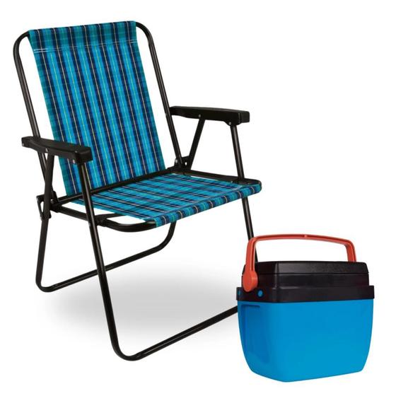 Imagem de Kit Caixa Termica Azul e Laranja Cooler 12 L + Cadeira de Praia Azul Xadrez  Mor 