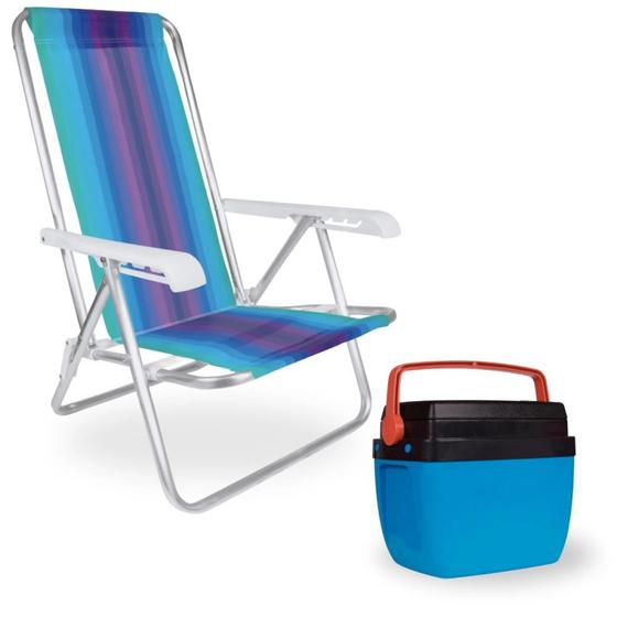 Imagem de Kit Caixa Termica Azul e Laranja Cooler 12 L com Alca + Cadeira de Praia 4 Posicoes Camping  Mor 