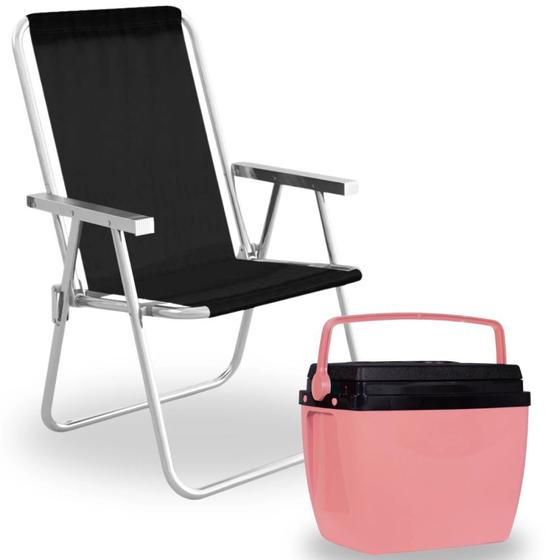 Imagem de Kit Caixa Termica Rosa Pessego Cooler 12 L + Cadeira de Praia Preta Sannet  Mor 