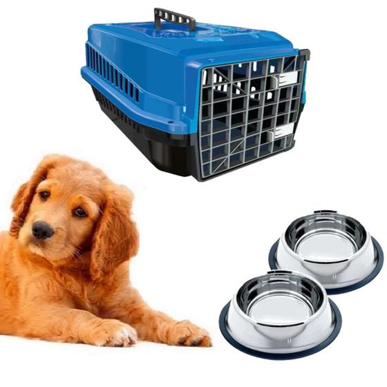 Imagem de Kit Caixa Transporte Pet N4 Azul + 2 Potes Inox Ração Água