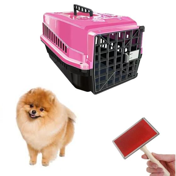 Imagem de Kit Caixa Transporte Rosa N1 + Escova Tira Pelo Chalesco Pet