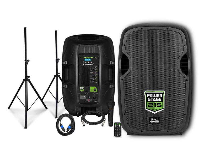 Kit Caixas com Tripé e Microfone Pro Bass Power Stage 215 Menor preço em Kit Caixas com Tripé e Microfone Pro Bass Power Stage 215