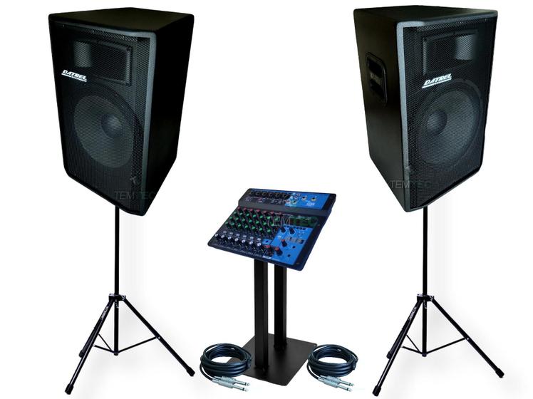 Imagem de Kit caixas de som 15" 600w datrel profissional tripés e mesa