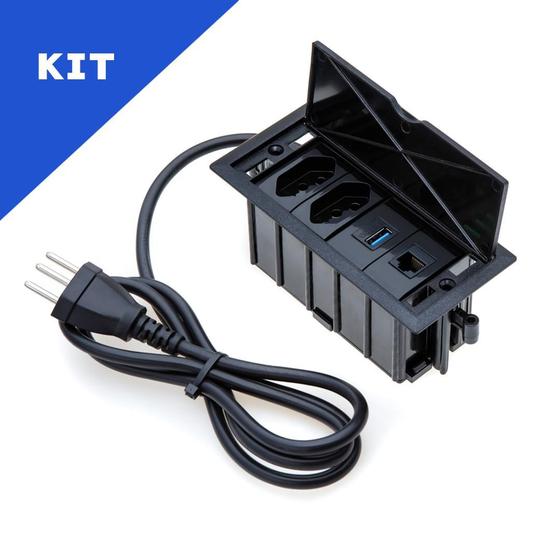 Imagem de Kit Caixas Tomadas 4 Bl Basc 2 Tom 10A 1 USB Dados 1 Rj45 PT
