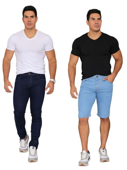 Imagem de Kit calça e bermuda masculina escura e clara slim com laycra