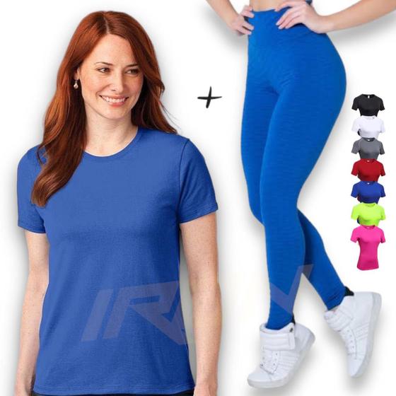 Imagem de Kit Calça Legging Cós Alto + Camiseta Academia Fitness Corrida Dry PLT 386