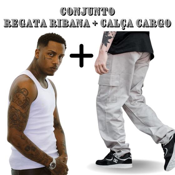 Imagem de Kit Calça Masculina Cargo Larga + Regata Masculina Canelada Ribana Estilo Americana