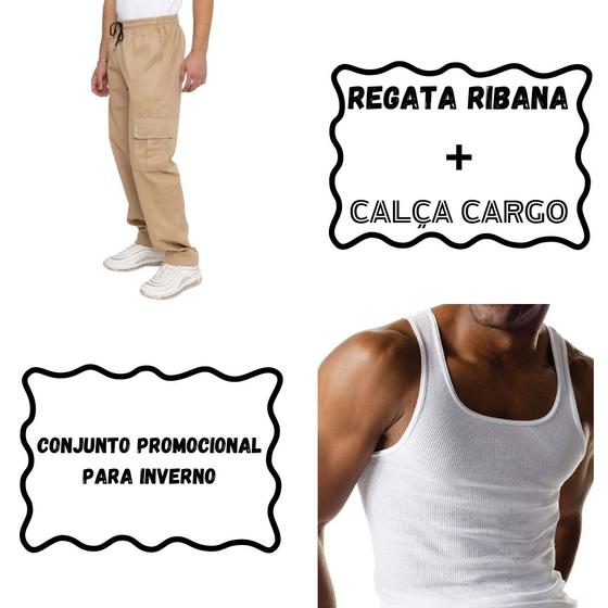 Imagem de Kit Calça Masculina Cargo Larga + Regata Masculina Canelada Ribana Estilo Americana