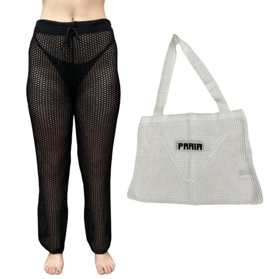 Imagem de Kit Calça Pantalona Tricot Feminina com Bolsa Sacola de Praia Crochê