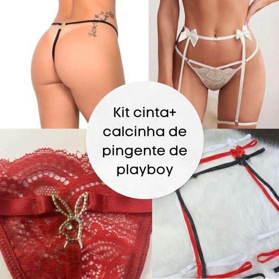 Imagem de Kit calcinha playboy mais cinta liga com lacinho lingerie roupa íntima