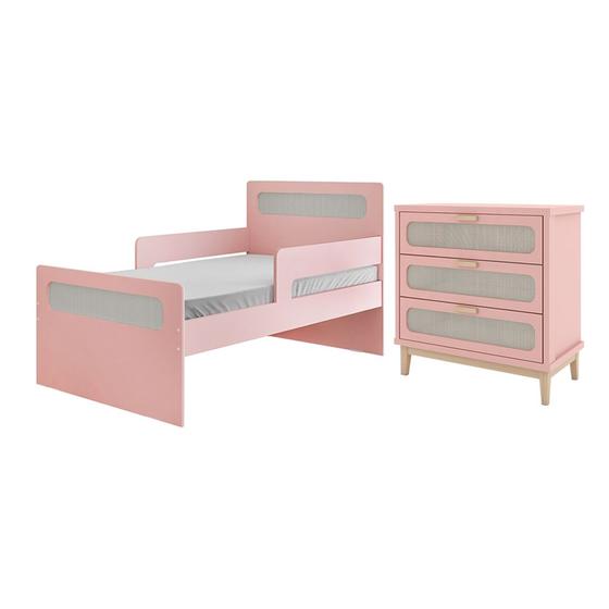 Imagem de Kit Cama Infantil Solteiro Isa com Grade Lateral e Cômoda Isa Rose