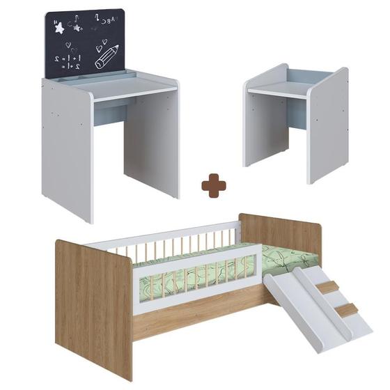 Imagem de Kit Cama Montessoriana Com Banqueta E Mesa Com Quadro Infantil Aveiro Oak Branco Azul Spencer Shop Jm