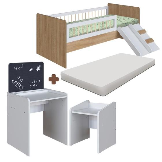 Imagem de Kit Cama Montessoriana E Colchão Com Mesa Com Quadro E Banqueta Infantil Aveiro Oak Branco Spencer Shop Jm