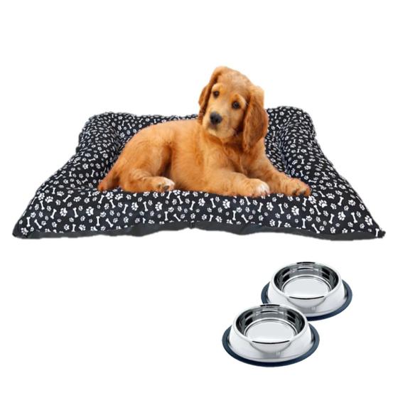 Imagem de Kit Cama P/ Cachorros Preto Lavável + Tigelas Inox Pet 150ml