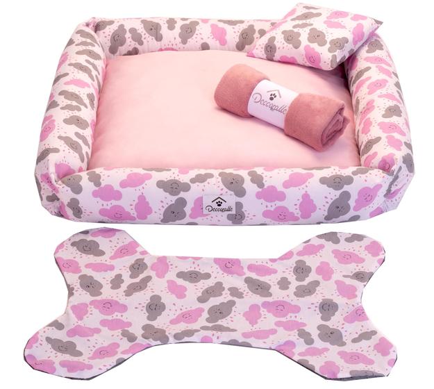 Imagem de Kit Cama Pet Cachorro Ou Gato Nuvens Rosa Tam: G 04 Peças F101