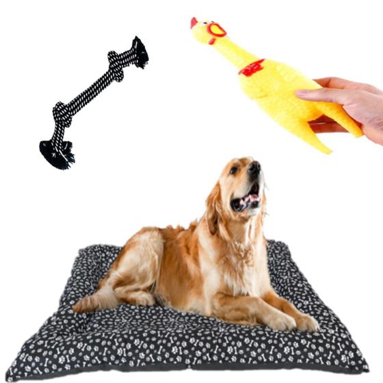 Imagem de Kit Cama Pet P/ Cachorro Preto + Corda Trançada e Mordedor