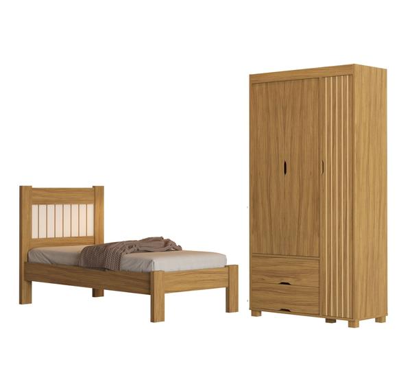 Imagem de Kit Cama Solteiro Para Quarto MDF Com Guarda Roupa 3 Portas 2 Gavetas Design Classico Moderno Linha Bela