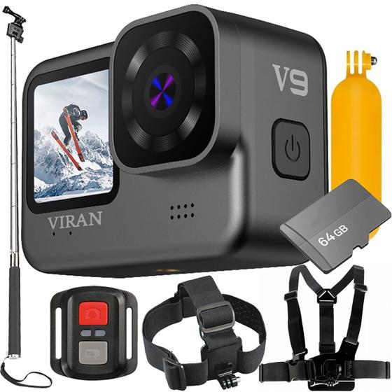 Imagem de Kit Câmera de ação Viran V9 Wifi + Memória 64gb Suporte Cabeça Peito Bastão Monopod Bóia  Filmadora Sport 4k 60fps