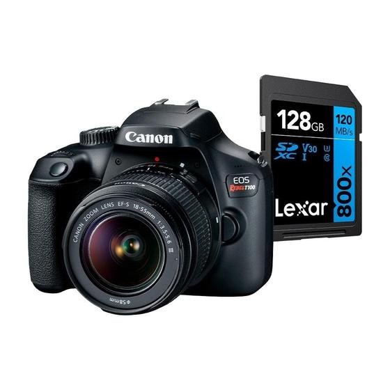 Kit Câmera Digital Canon EOS Rebel T100 Com Lente EF-S 18-55mm f/3.5-5.6 III + Cartão de Memória Lexar Blue 256GB KCC20020 Menor preço em Kit Câmera Digital Canon EOS Rebel T100 Com Lente EF-S 18-55mm f/3.5-5.6 III + Cartão de Memória Lexar Blue 256GB KCC20020