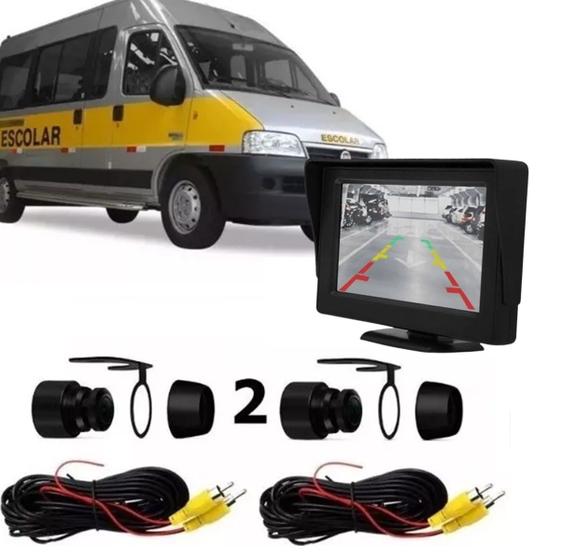 Imagem de Kit Câmera Frontal e Ré Para Van Escolar Com Retrovisor Monitor LCD