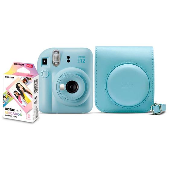 Imagem de Kit Câmera Instantânea Fujifilm Instax Mini 12 Azul + Pack 10 filmes Macaron + Bolsa Azul Candy
