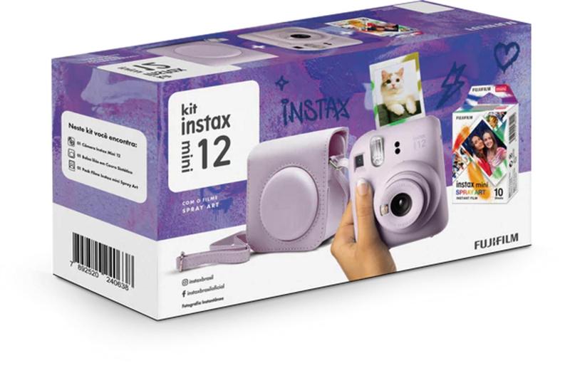 Imagem de Kit Câmera Instantânea Fujifilm Instax Mini 12 Lilás + Pack 10 filmes Spray Art + Bolsa Lilás Candy