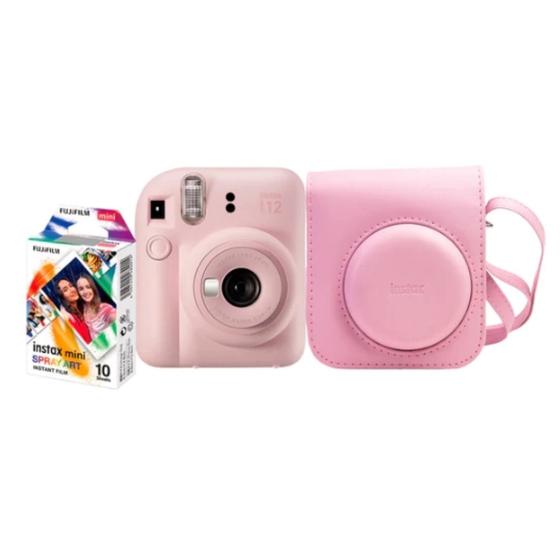 Imagem de Kit camera instax mini 12 bolsa com pack 10 fotos art rosa