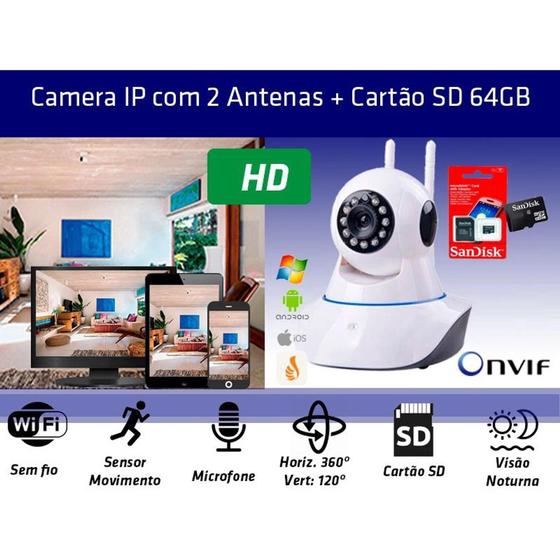 Imagem de Kit Câmera Ip P2p 1.3mp Wifi Com 2 Antenas E Cartão De Memória 64gb