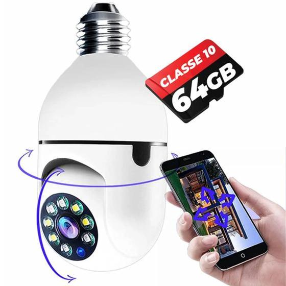 Imagem de Kit Câmera ip Wi-fi Panorâmica Lâmpada com Visão Noturna + Cartão Micro sd 64GB