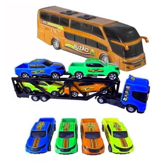 Imagem de Kit Caminhão Cegonheira Cegonha Com 4 Carrinho Com Ônibus Buzão Brinquedo Criança Presente
