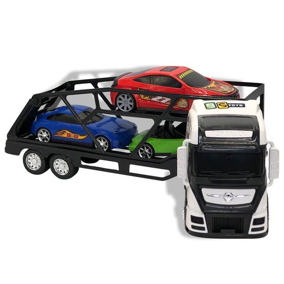 Imagem de Kit Caminhão Cegonheira Grande com 3 Carrinhos Branco Brinquedo divertido para meninos brincar veiculos
