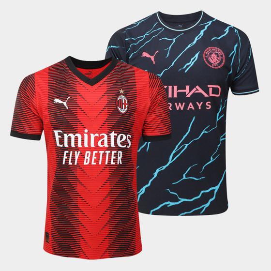 Kit Camisa AC Milan Home 23/24 + Manchester City Third 23/24 Puma Masculina Menor preço em Kit Camisa AC Milan Home 23/24 + Manchester City Third 23/24 Puma Masculina