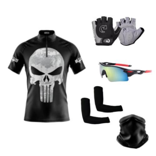 Imagem de Kit Camisa Ciclismo C/ Proteção UV + Luvas Ciclismo + Óculos Esportivo + Manguito + Bandana