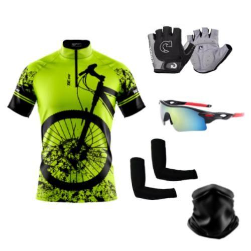 Imagem de Kit Camisa Ciclismo C/ Proteção UV + Luvas Ciclismo + Óculos Esportivo + Manguito + Bandana