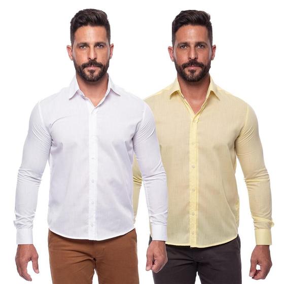 Imagem de Kit Camisa Social Masculina Manga Longa Slim 2 Peças