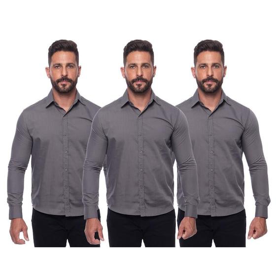 Imagem de Kit Camisa Social Masculina Manga Longa Slim 3 Cores Iguais