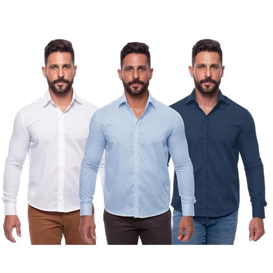 Imagem de Kit Camisa Social Masculina Manga Longa Slim 3 Peças