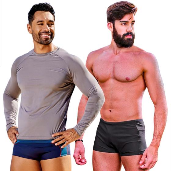 Imagem de Kit Camisa Térmica Com Sunga Boxer Zíper Lateral e Bolso Proteção Térmica Uv Short Banho Com Ajuste Adulto Masculino Natação Surf Blusa Comprida