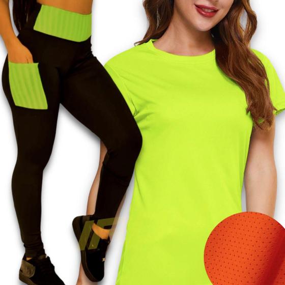 Imagem de Kit Camiseta Blusinha MALHA FRIA POLIAMIDA + Calça BOLSO Leg Legging Corrida Academia 536