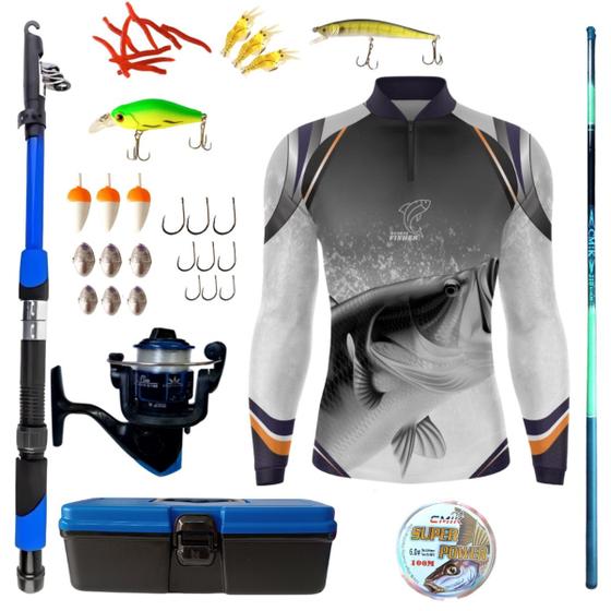 Imagem de Kit Camiseta De Pesca Mais Artigos Para Pescaria Vara Telescopica Isca Molinete Proteção UV50